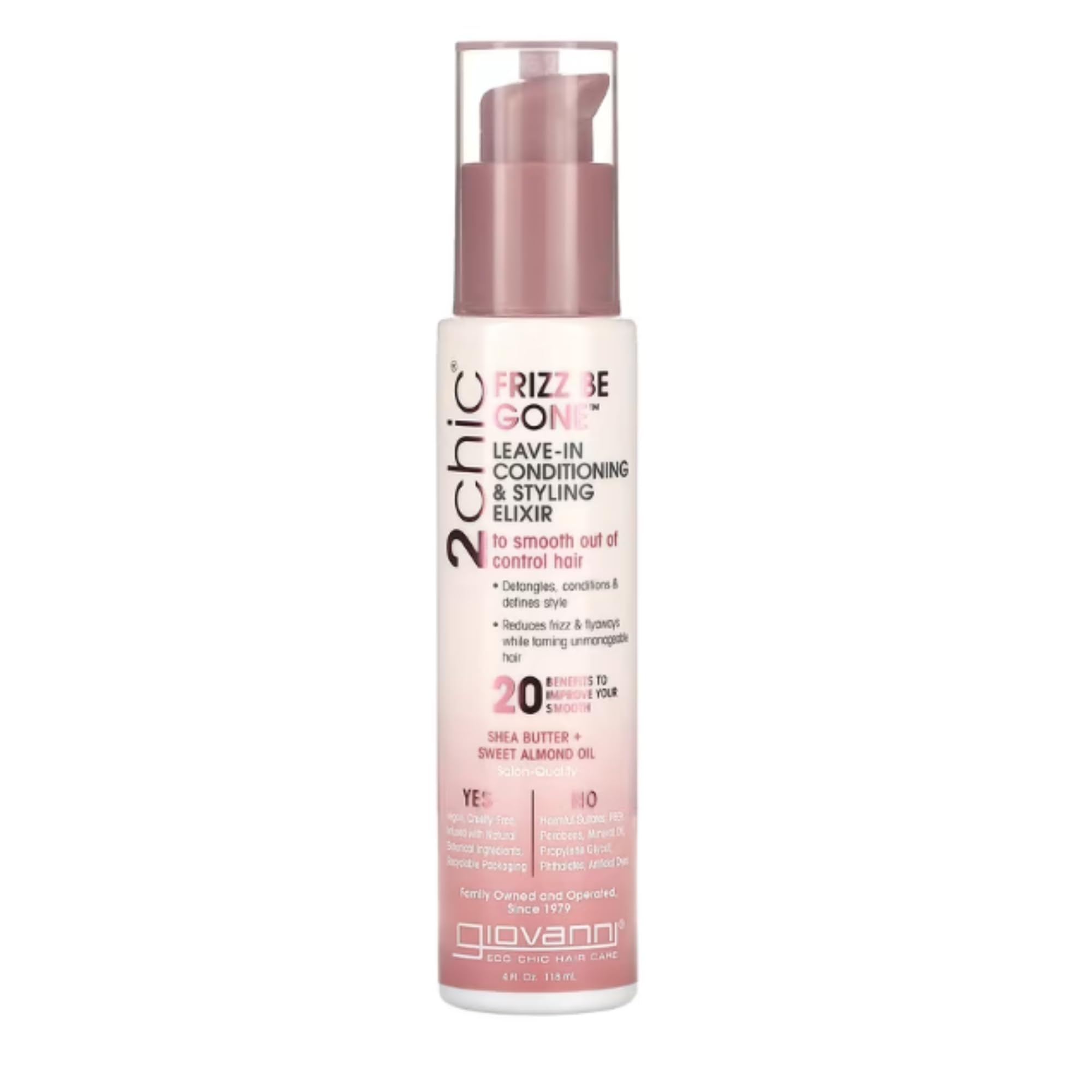 Giovanni 2chic Leave-In Elixir bottle shows smoothing and conditioning benefits.