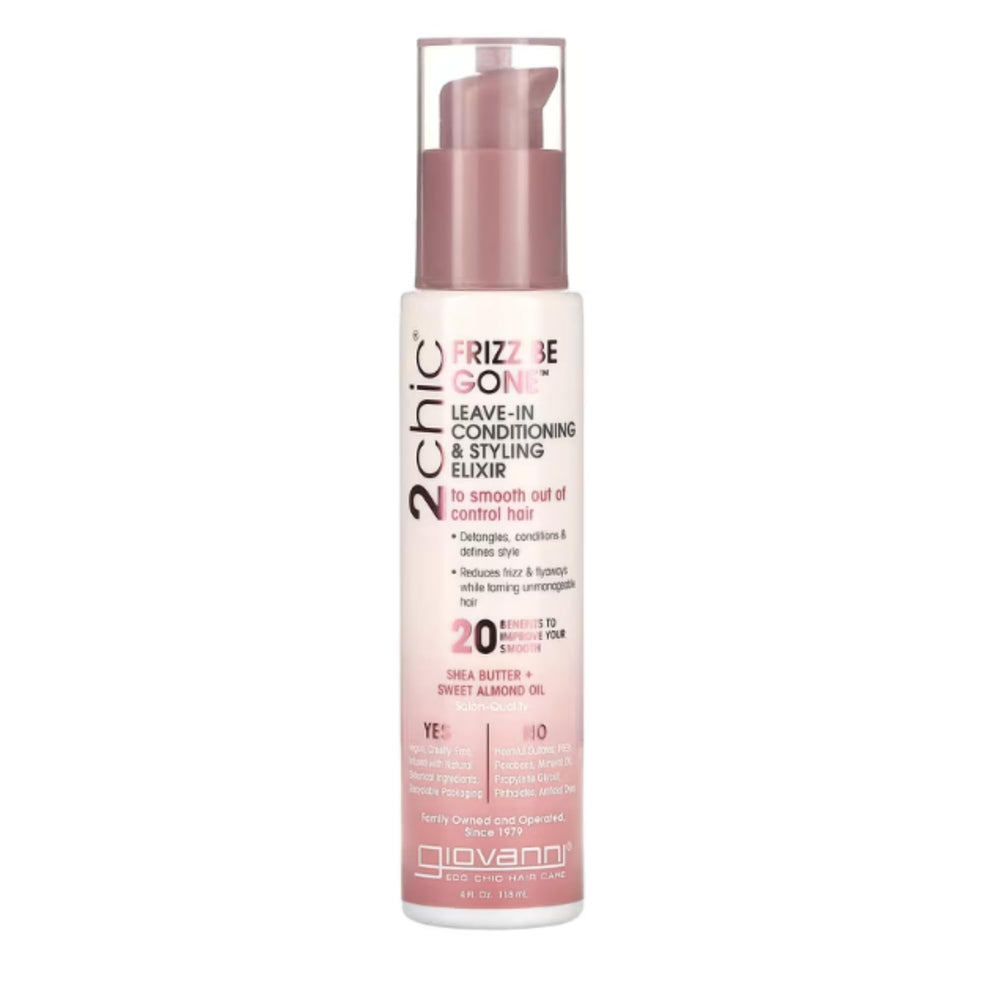 Giovanni 2chic Leave-In Elixir bottle shows smoothing and conditioning benefits.
