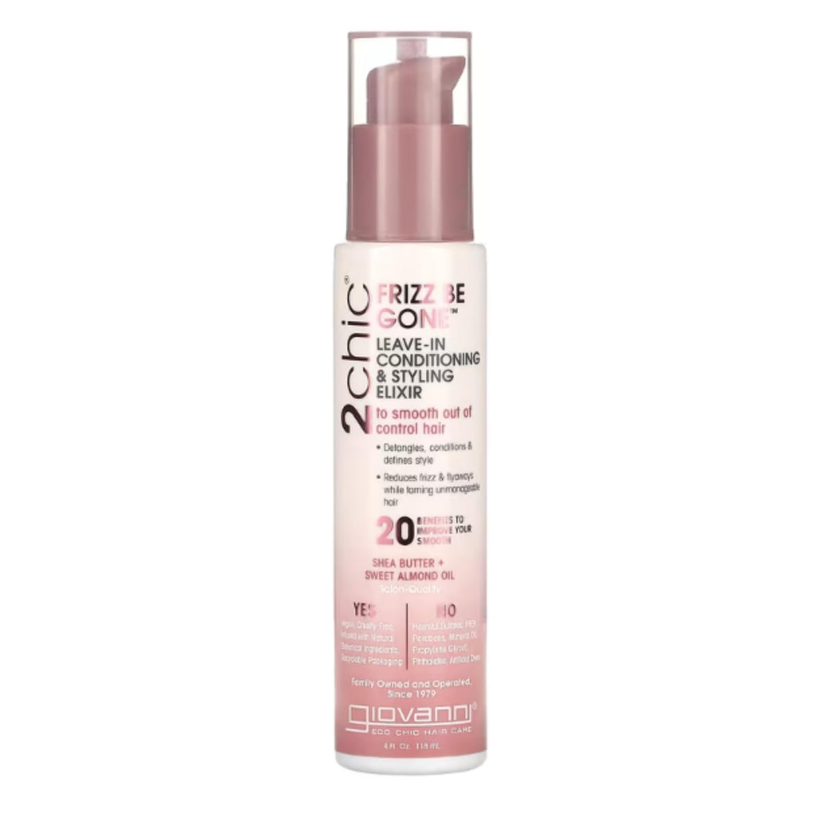 Giovanni 2chic Leave-In Elixir bottle shows smoothing and conditioning benefits.