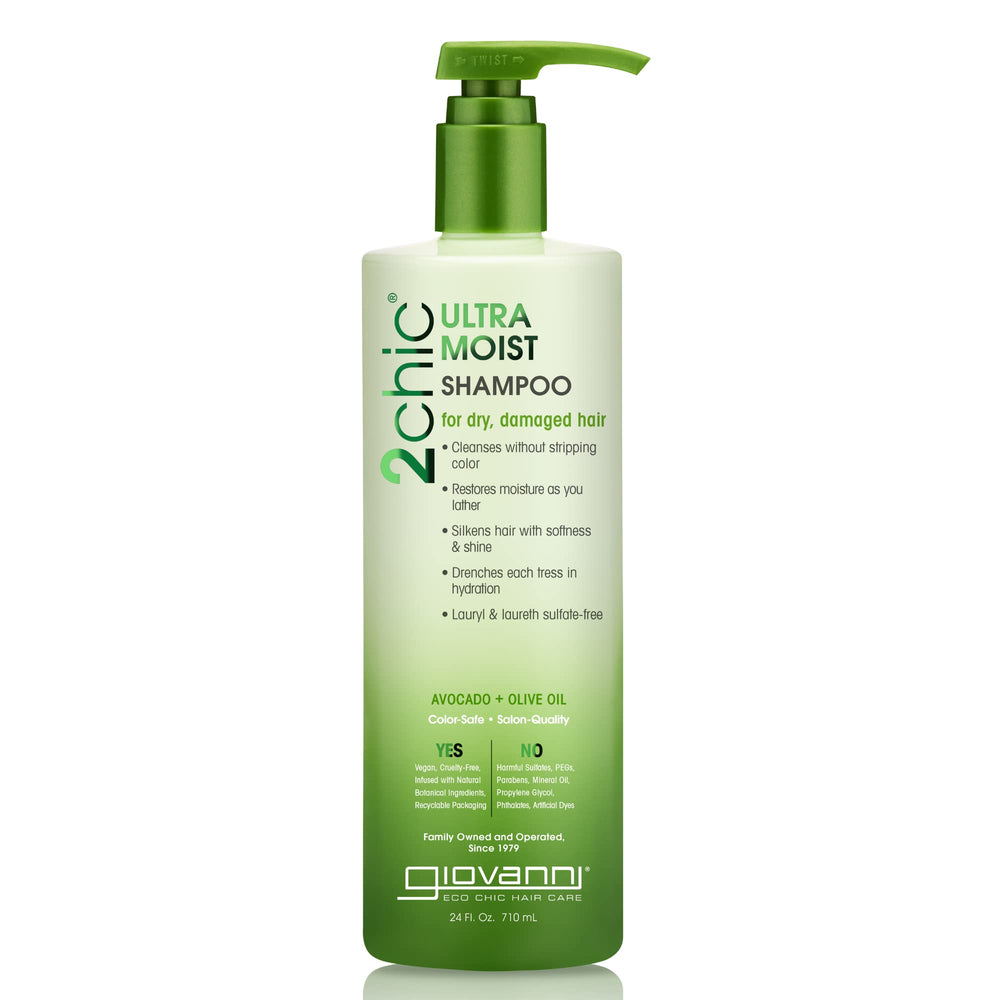 GIOVANNI 2chic Ultra-Moist Shampoo bottle with avocado-olive oil nourishes and strengthens hair.