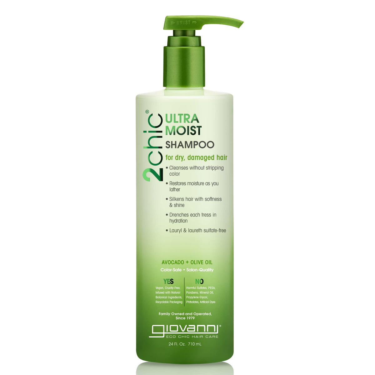 GIOVANNI 2chic Ultra-Moist Shampoo bottle with avocado-olive oil nourishes and strengthens hair.