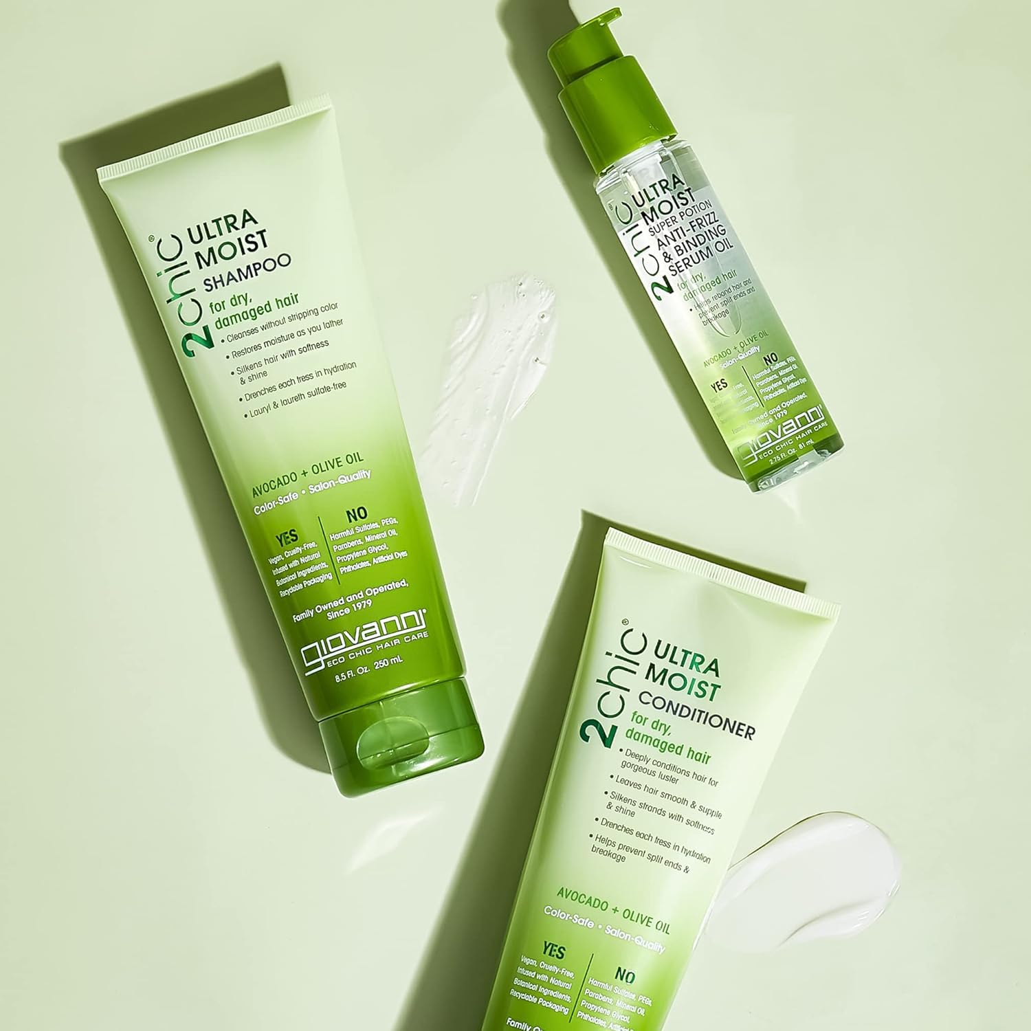 GIOVANNI 2chic Ultra-Moist Shampoo color-safe spectrum bottle emphasizes color protection.