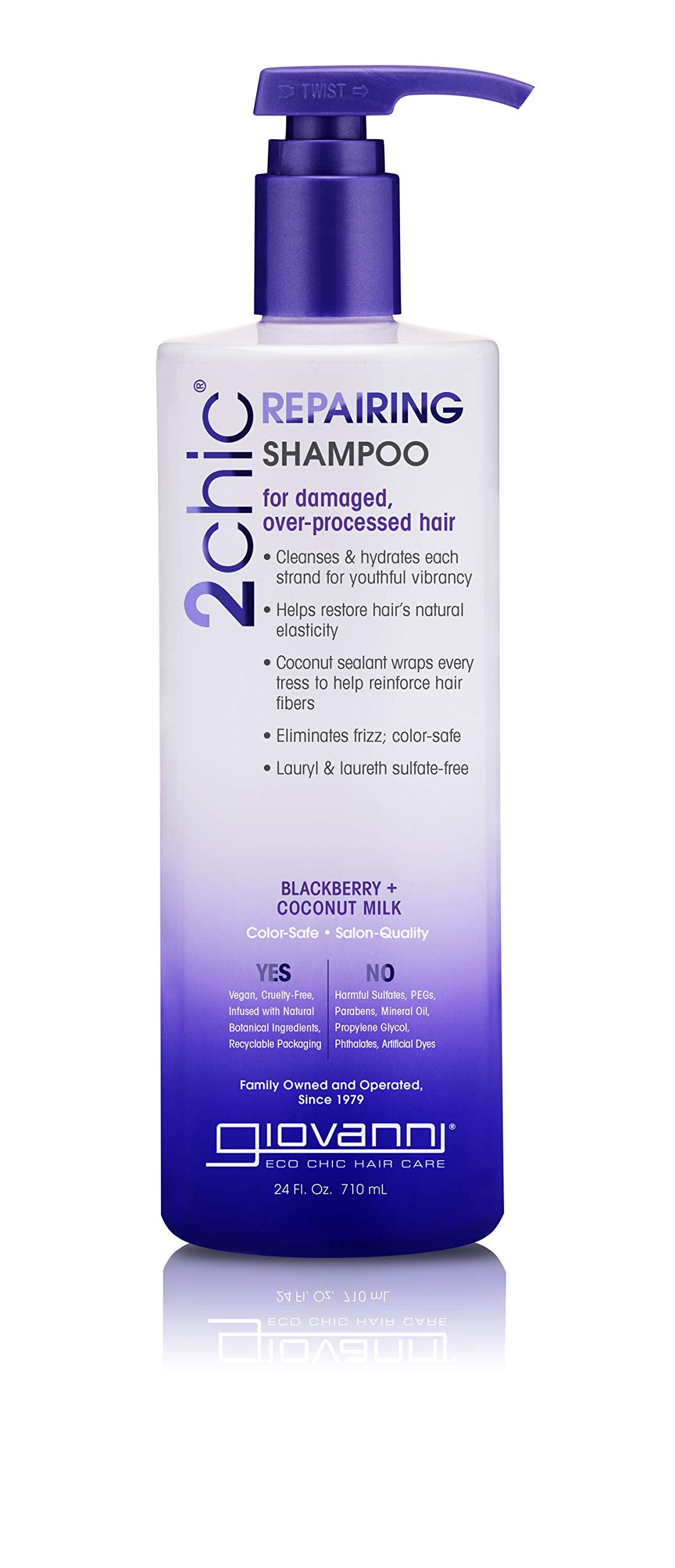 Giovanni 2chic Ultra-Repairing Shampoo bottle highlights color-safe cleansing and nourishing hydration.
