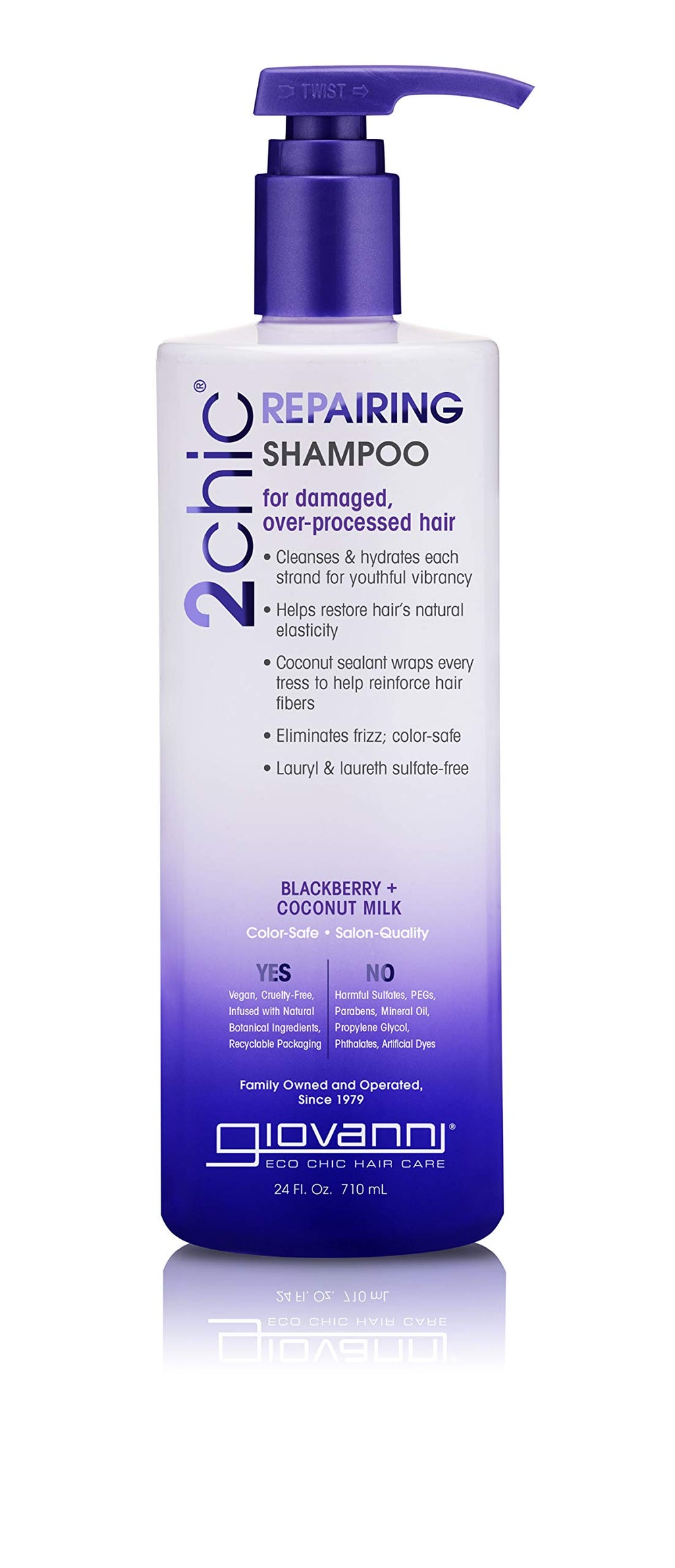Giovanni 2chic Ultra-Repairing Shampoo bottle highlights color-safe cleansing and nourishing hydration.