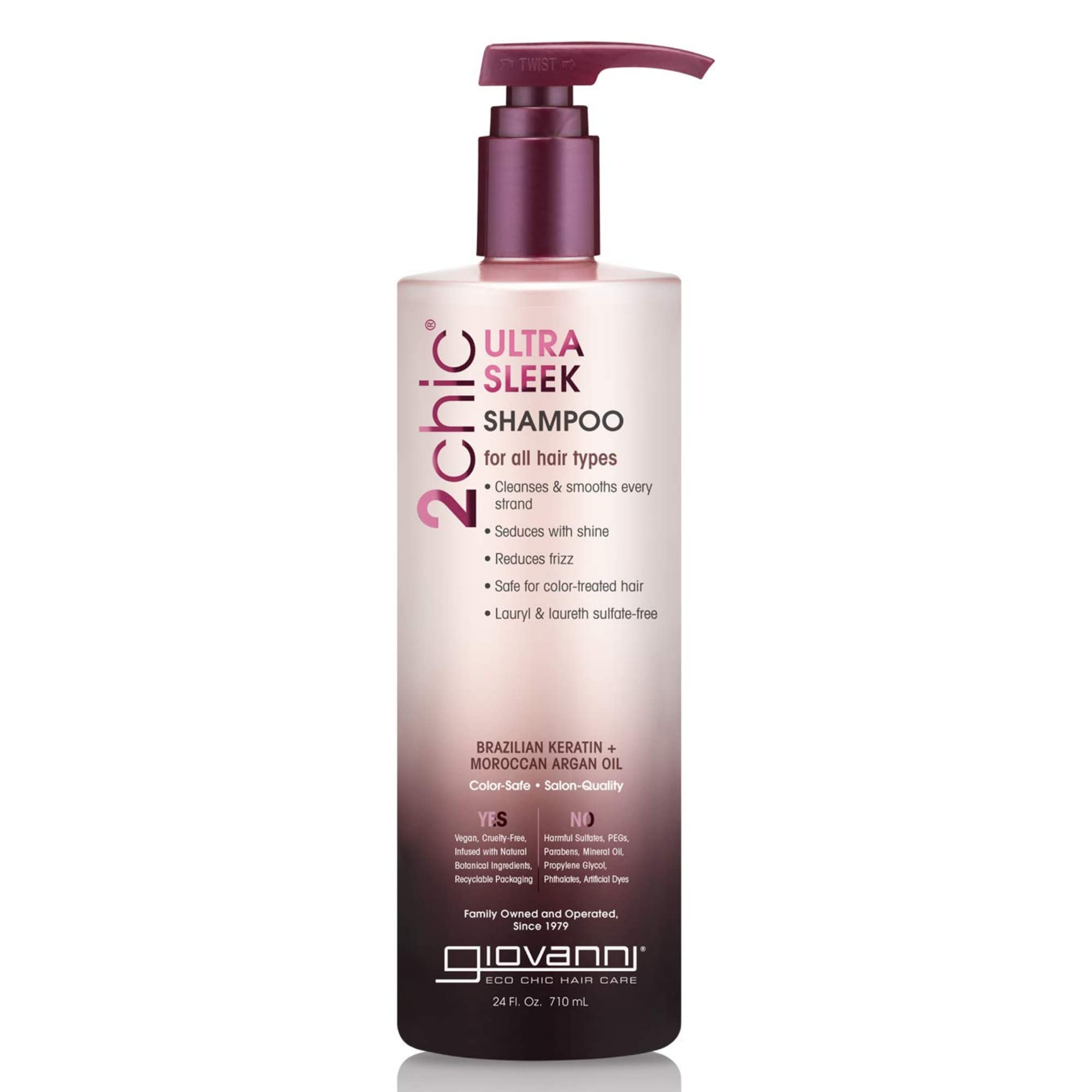 GIOVANNI 2chic Ultra-Sleek Shampoo bottle front with Phyto-Keratin and Argan Oil for smooth hair