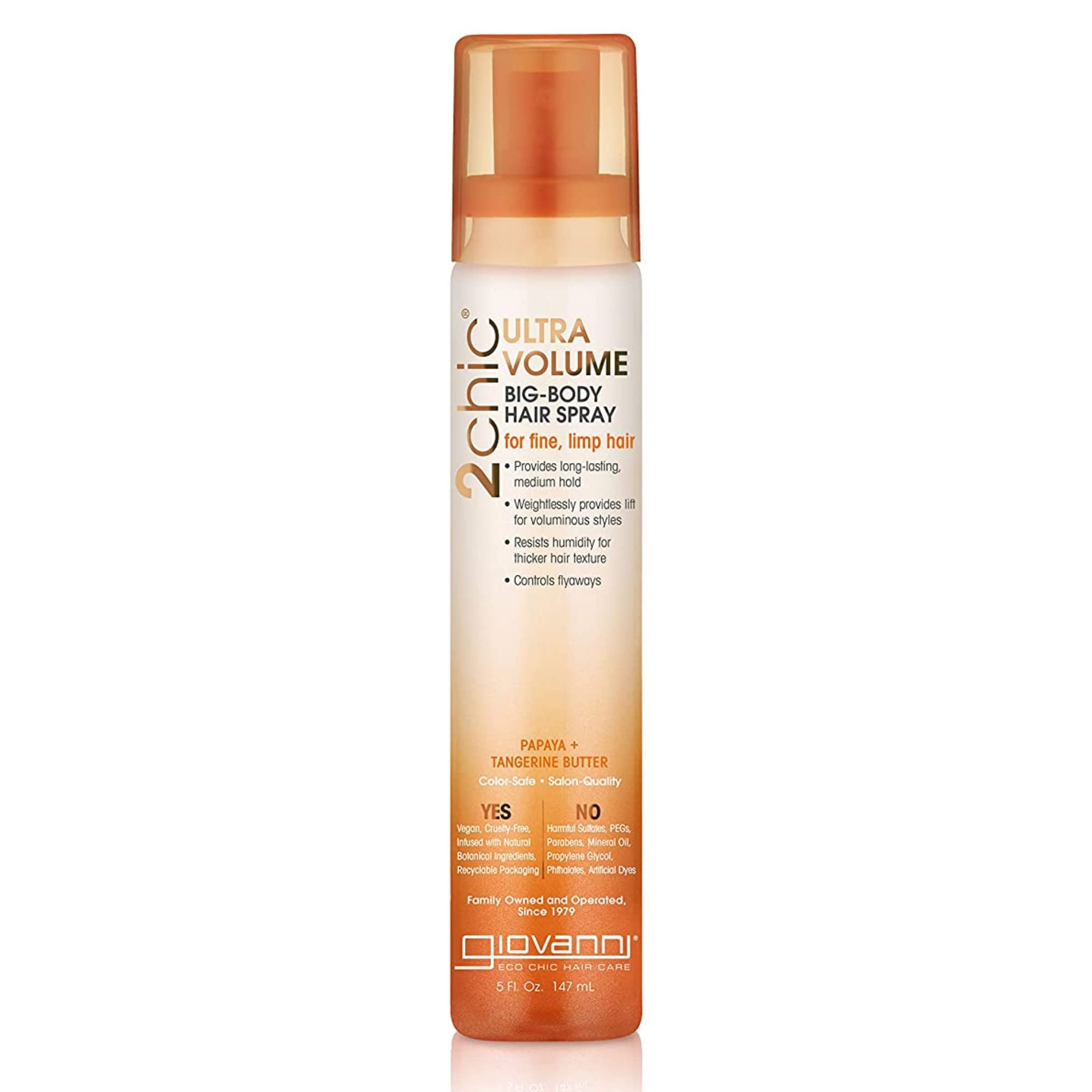 GIOVANNI 2chic Ultra-Volume Big-Body Hair Spray bottle renders weightless hold for fine hair.