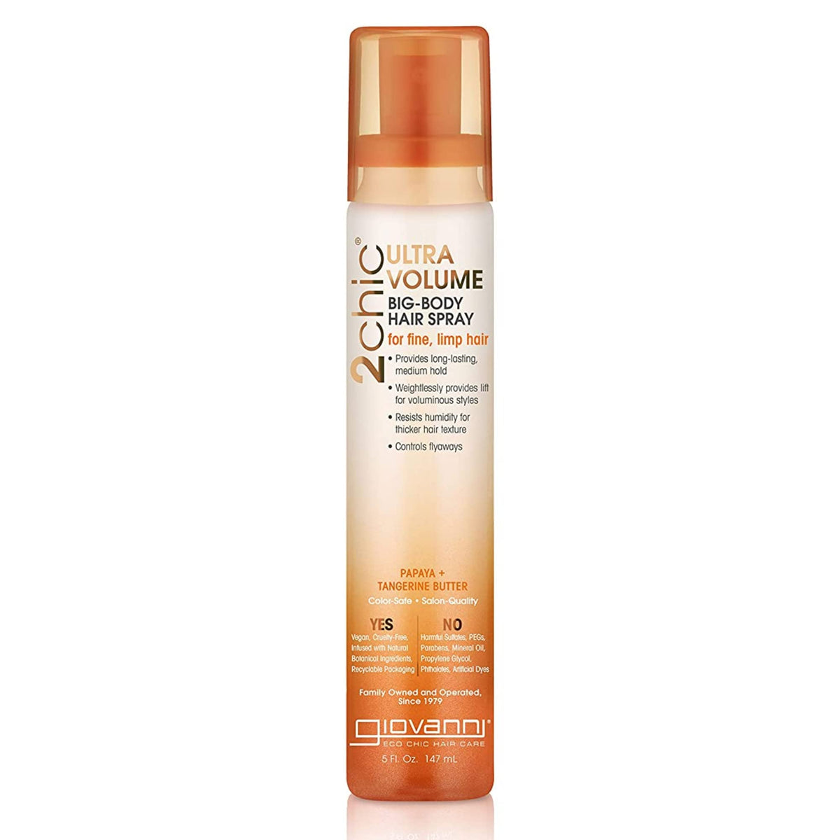 GIOVANNI 2chic Ultra-Volume Big-Body Hair Spray bottle renders weightless hold for fine hair.