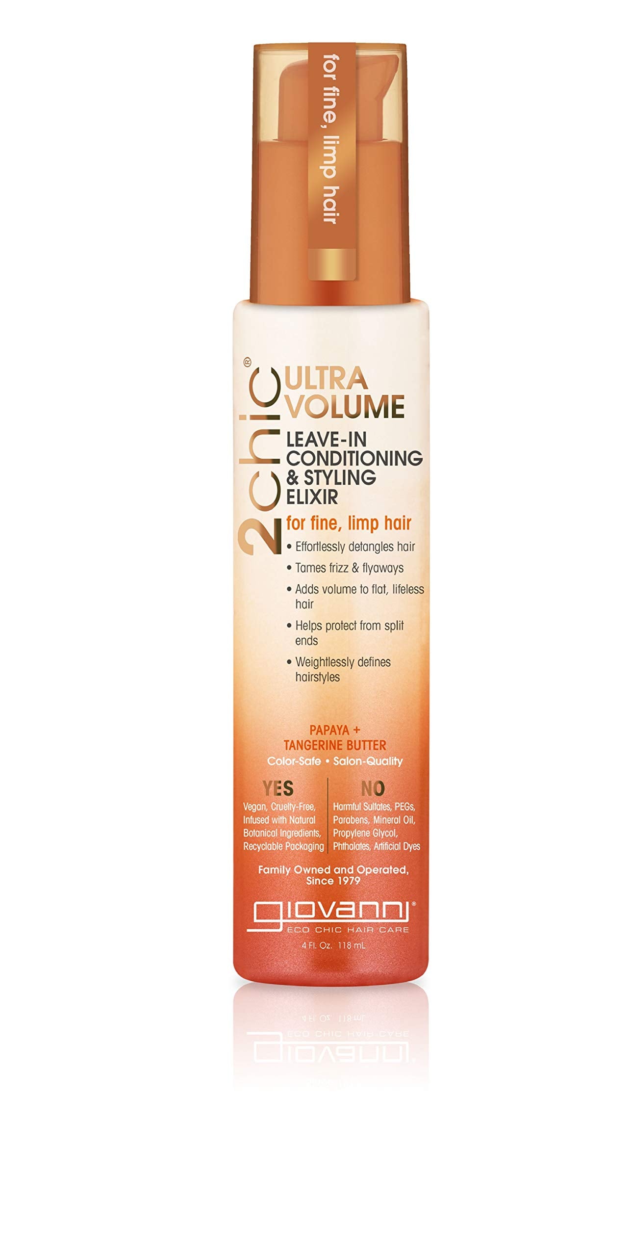 Giovanni 2chic Ultra-Volume Leave-In bottle boosts volume for fine hair
