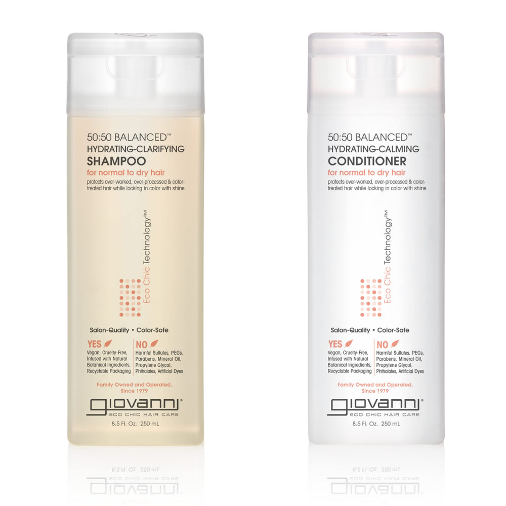 Giovanni 50:50 Balanced Shampoo bottle offers a gentle clarifying cleanse with added moisture.