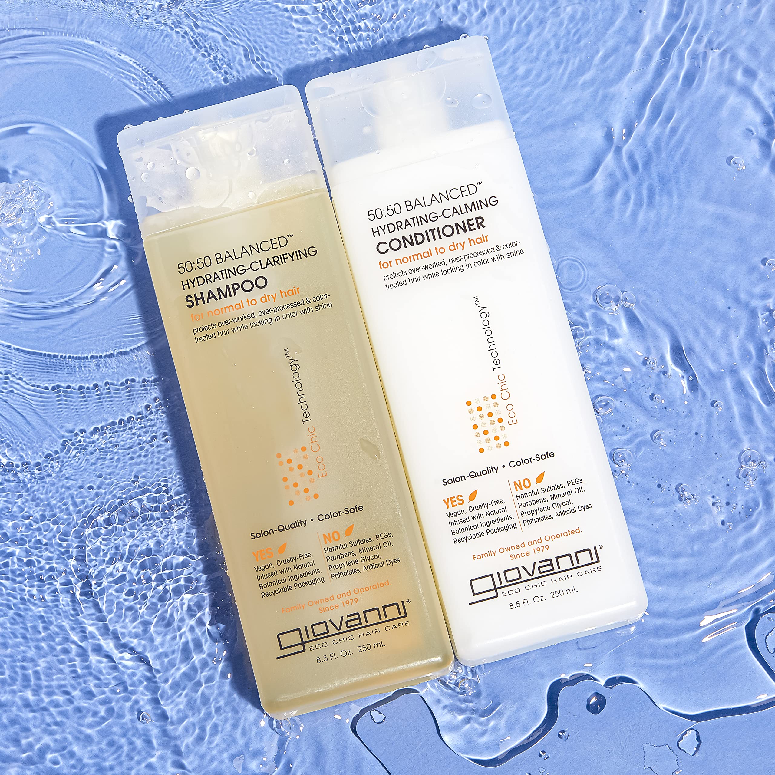 Giovanni 50:50 Balanced Shampoo label close-up shows sulfate-free formula and color-safe care.