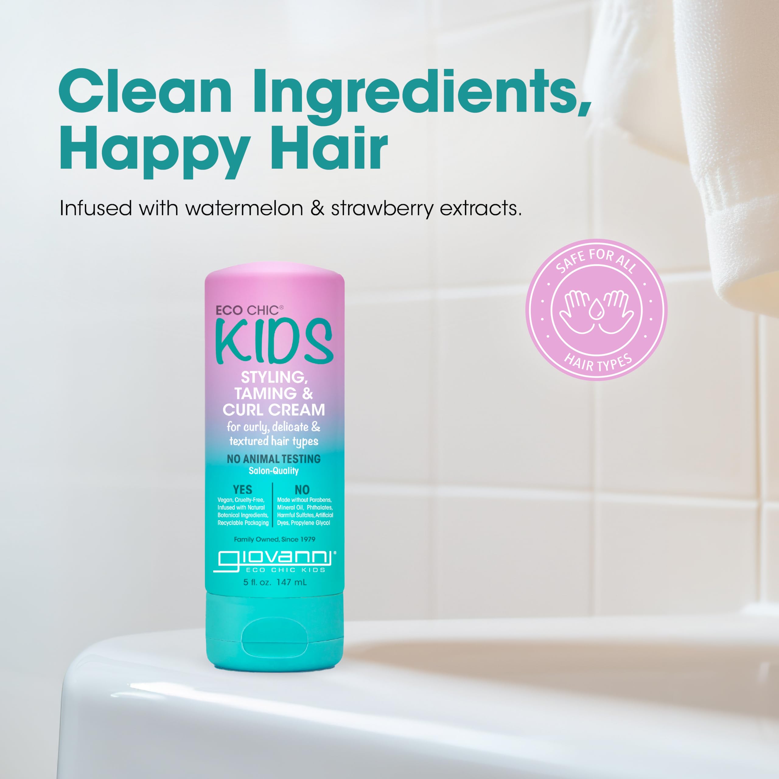 GIOVANNI Eco Chic Kids Styling frizz-control closeup shows long-lasting lightweight hold