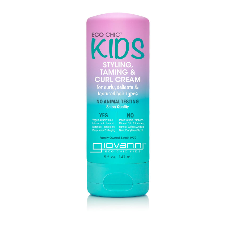 GIOVANNI Eco Chic Kids Styling Taming Curl Cream bottle showing smooth curls