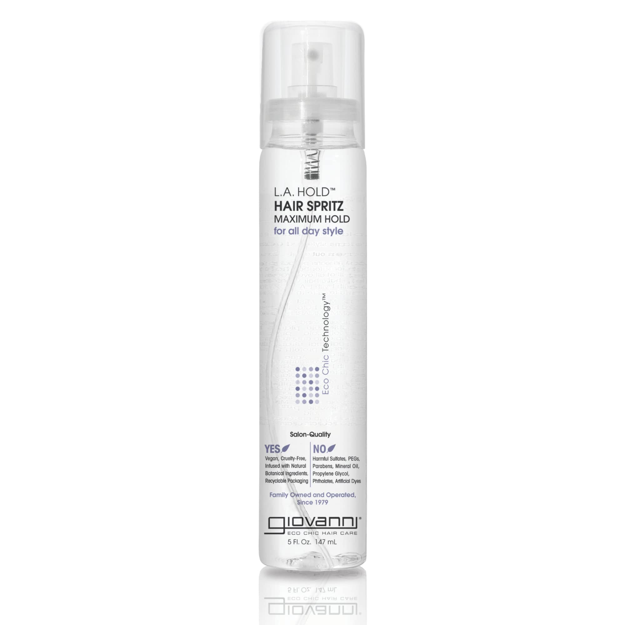 GIOVANNI L.A. Hold Hair Spritz bottle demonstrates strong hold for lasting style.