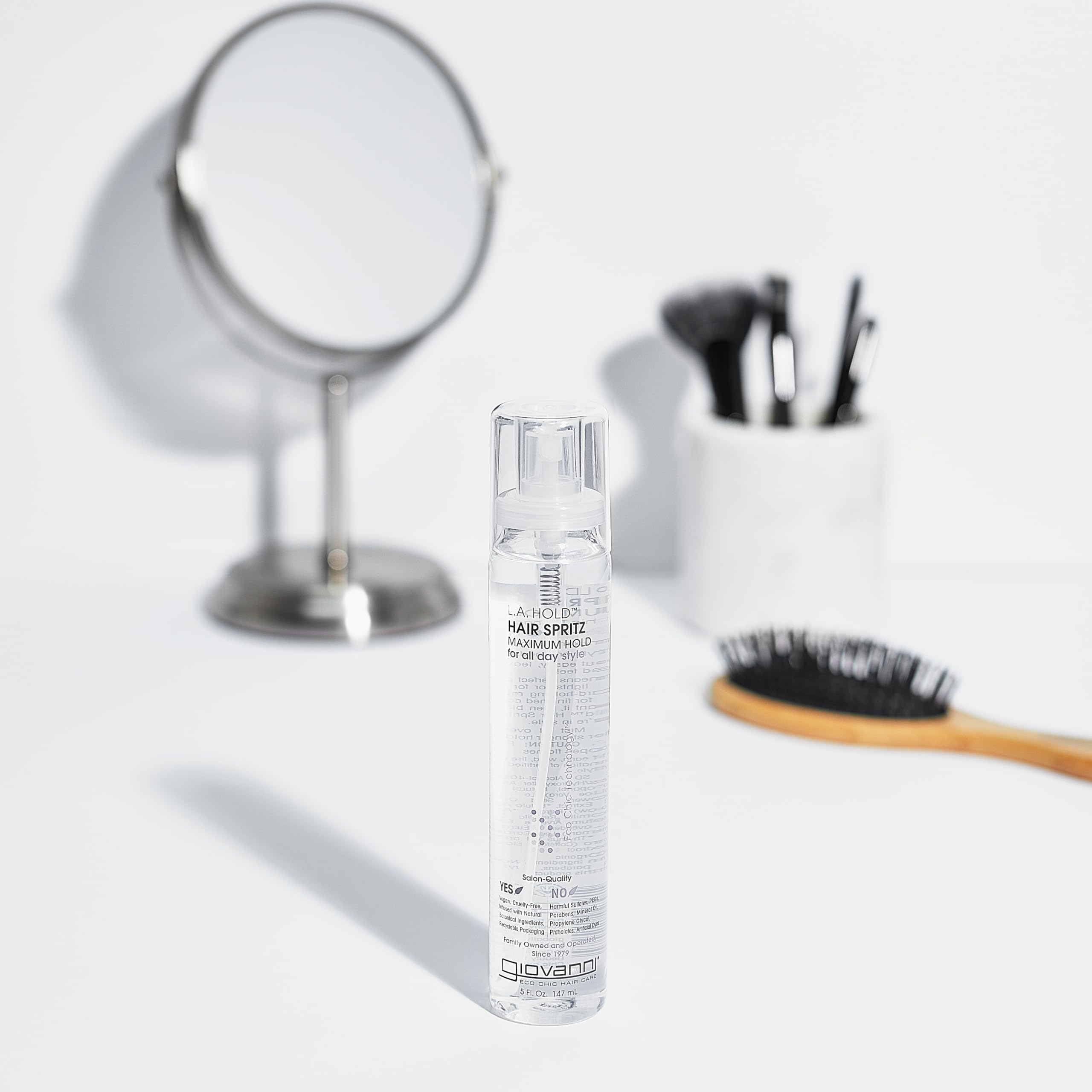 GIOVANNI L.A. Hold Hair Spritz packaging highlights eco-conscious design.