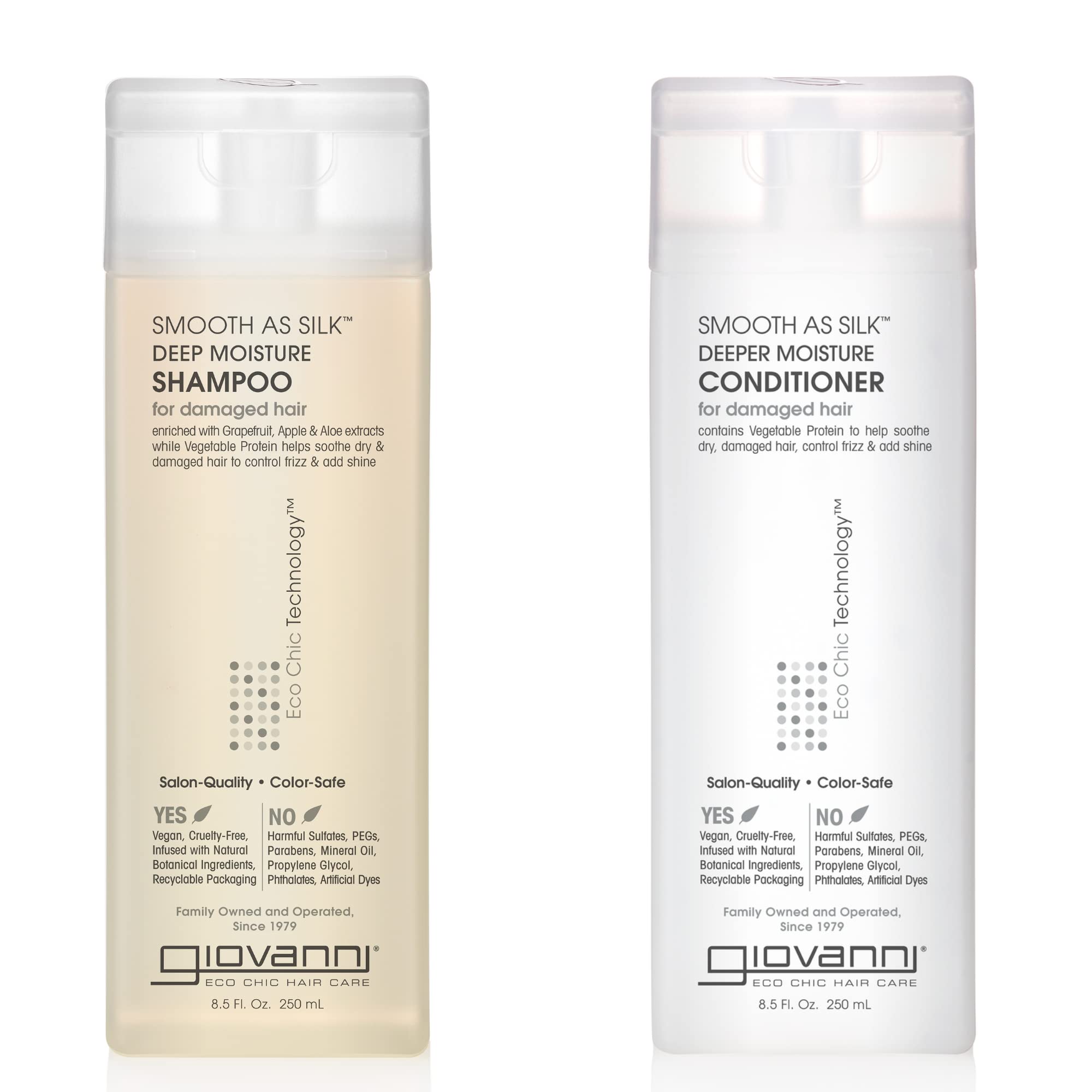 GIOVANNI Smooth as Silk Deeper Moisture Shampoo bottle highlights color-safe formula for vibrant hair.