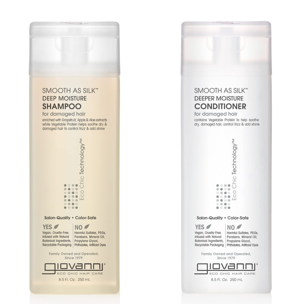 GIOVANNI Smooth as Silk Deeper Moisture Shampoo bottle highlights color-safe formula for vibrant hair.