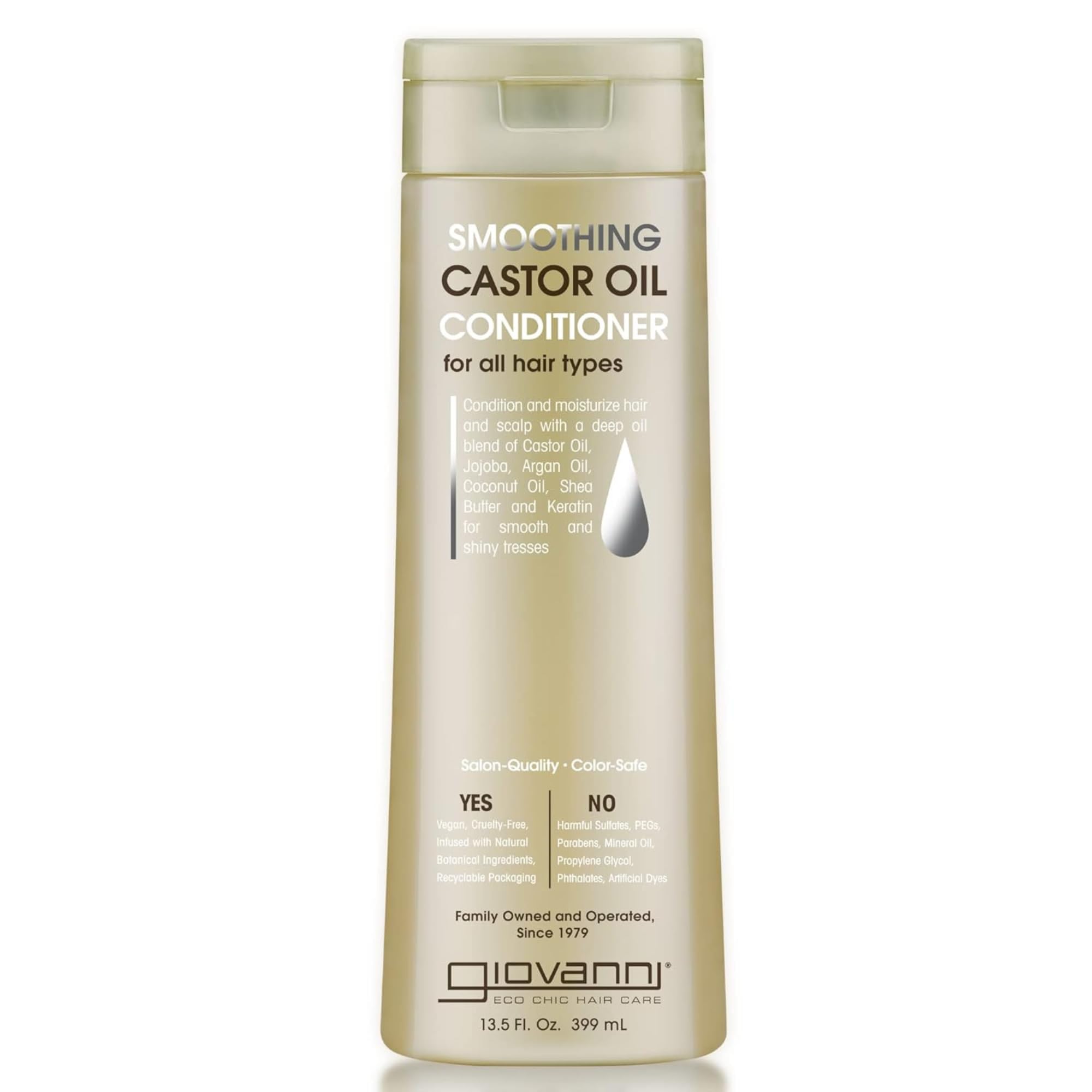 GIOVANNI Smoothing Castor Oil Conditioner bottle promotes hydration and frizz control.