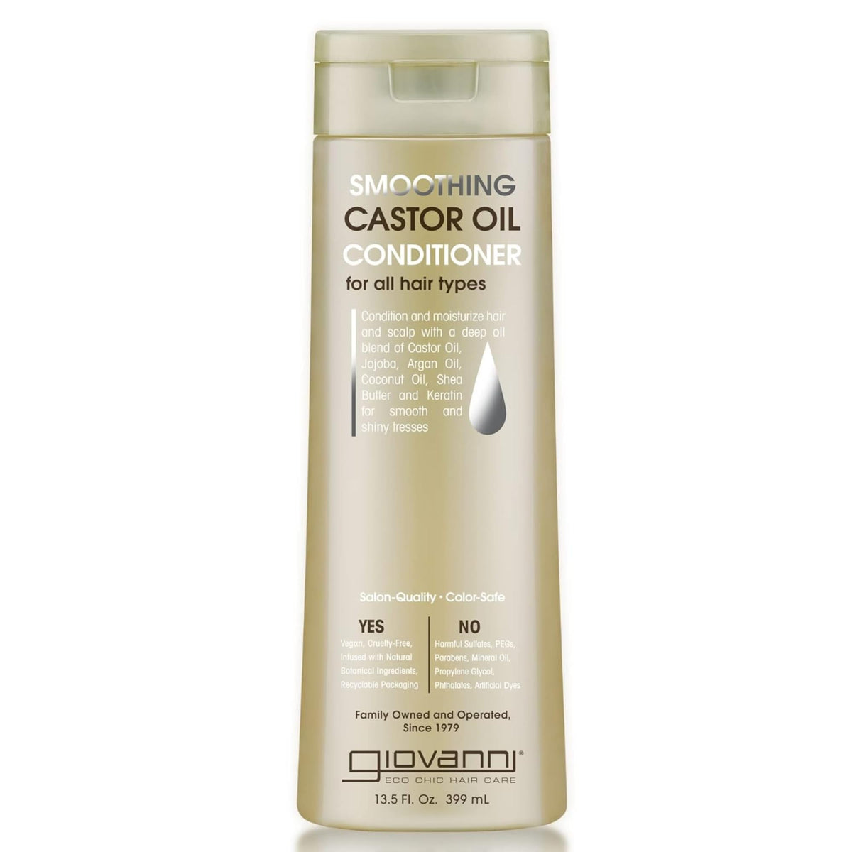 GIOVANNI Smoothing Castor Oil Conditioner bottle promotes hydration and frizz control.