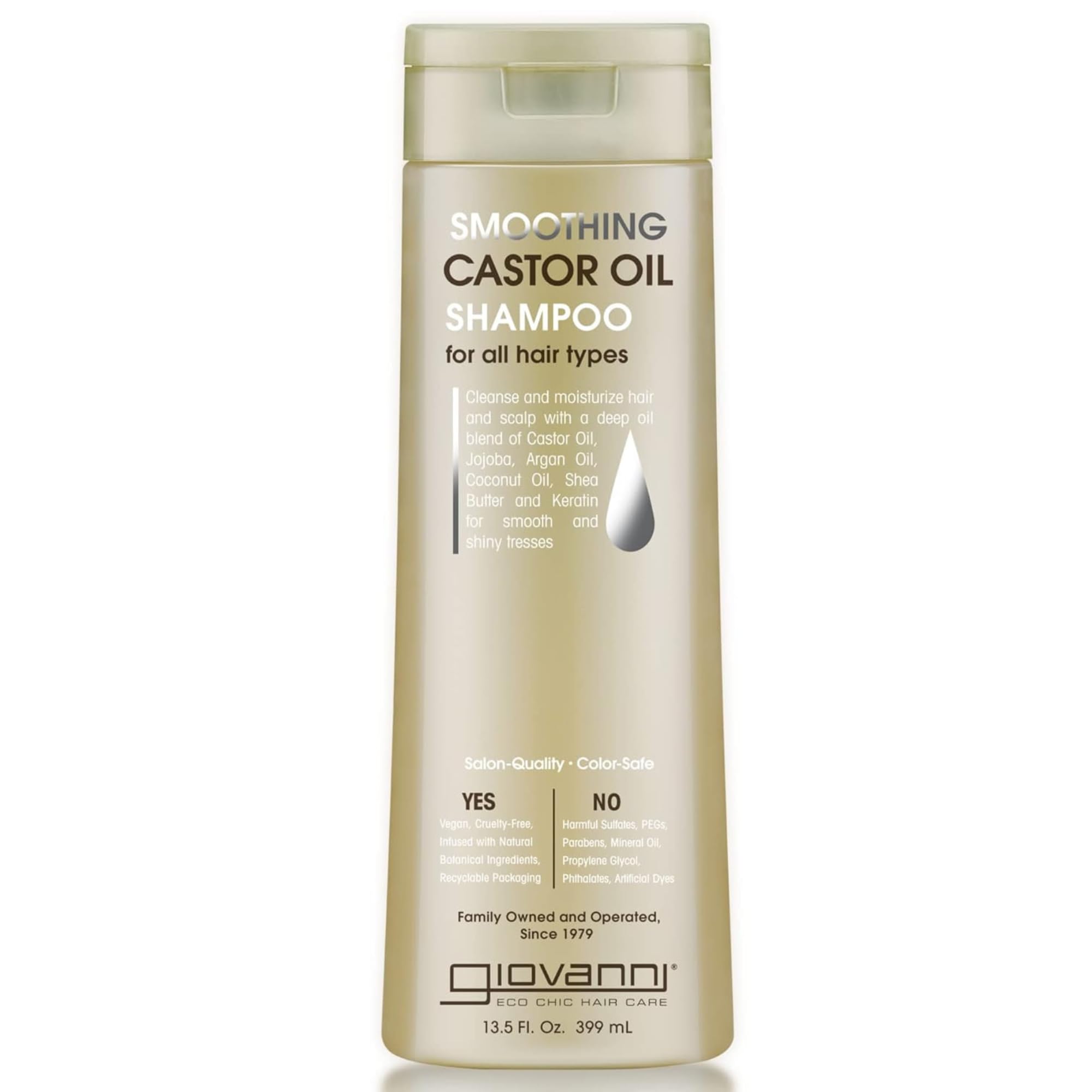 GIOVANNI smoothing castor oil shampoo bottle shows frizz control and moisture