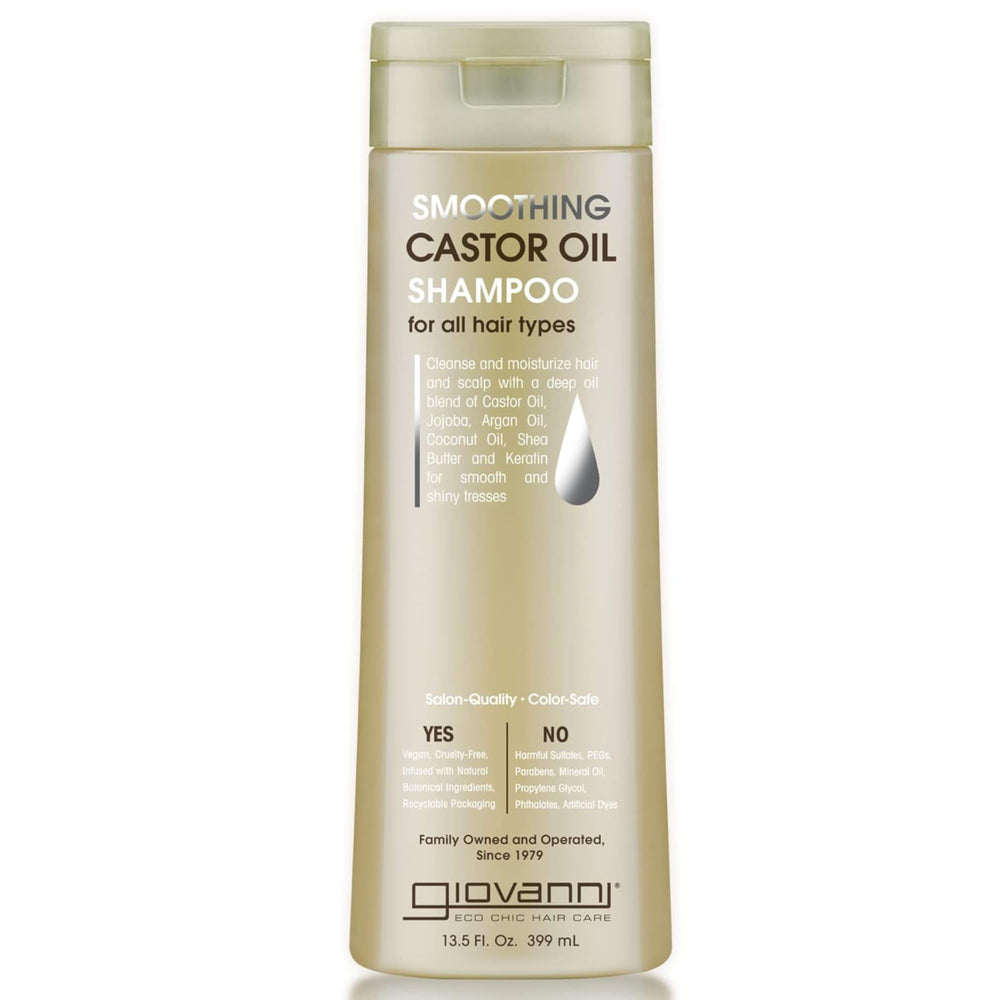 GIOVANNI smoothing castor oil shampoo bottle shows frizz control and moisture