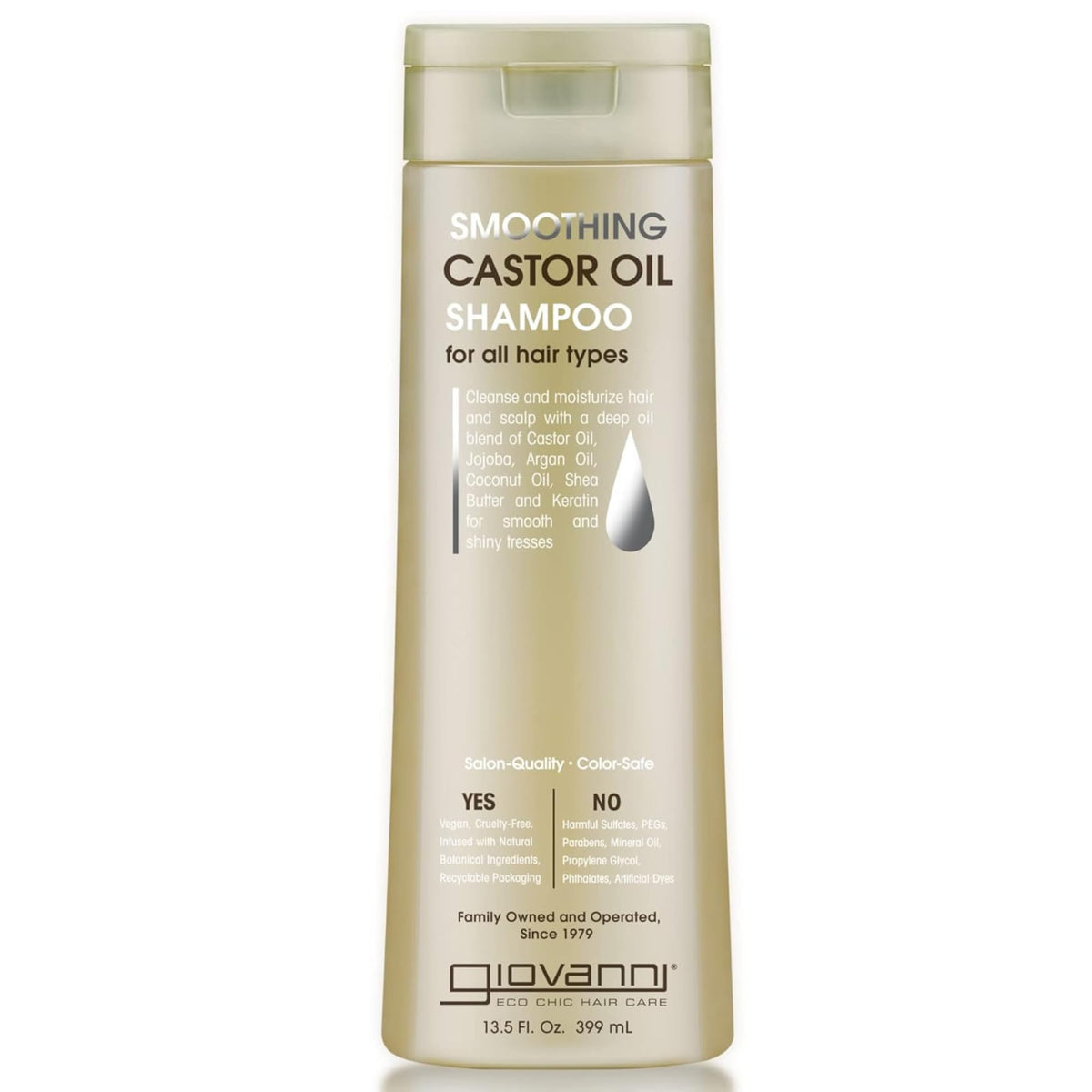 GIOVANNI smoothing castor oil shampoo bottle shows frizz control and moisture