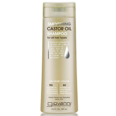 GIOVANNI smoothing castor oil shampoo bottle shows frizz control and moisture