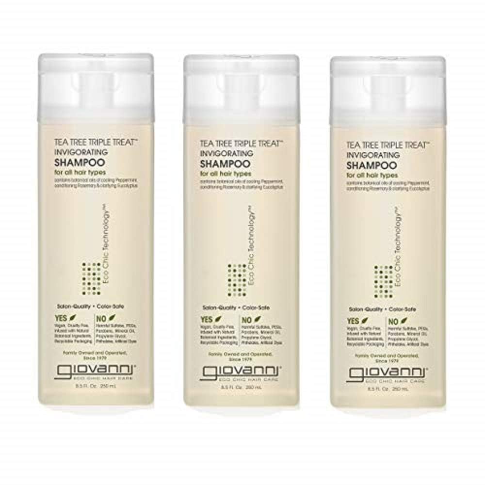 Giovanni Tea Tree Triple Treat bottle pour signals a refreshing cleanse for scalp balance.