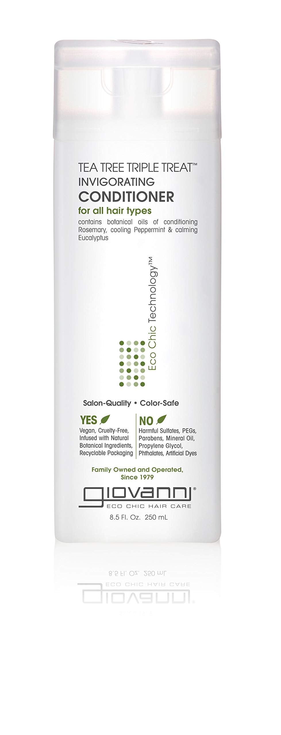 GIOVANNI Tea Tree Triple Treat conditioner bottle with mint cooling for refreshing scalp care.