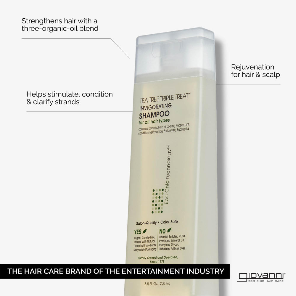 Giovanni Tea Tree Triple Treat cooling peppermint splash delivers a tingly, revitalized scalp during wash.