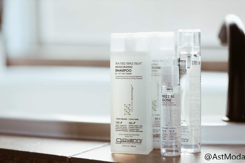 GIOVANNI packaging shown as recyclable, reflecting eco-conscious hair care.