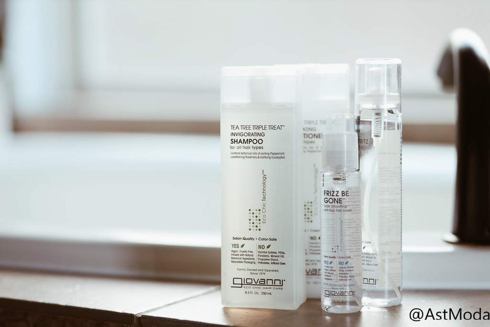 GIOVANNI packaging shown as recyclable, reflecting eco-conscious hair care.