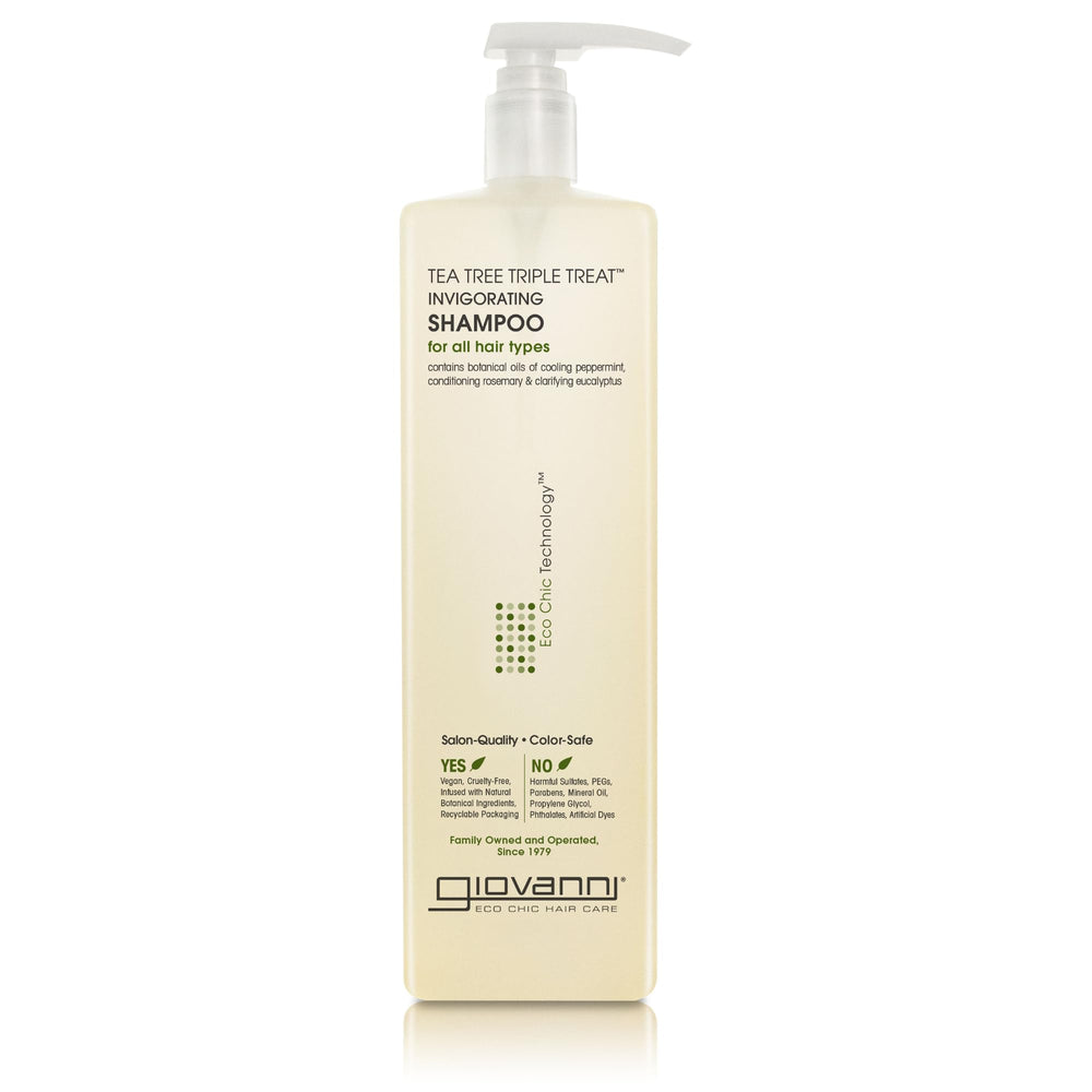 GIOVANNI Tea Tree Triple Treat Invigorating Shampoo bottle front view for refreshing scalp cleansing