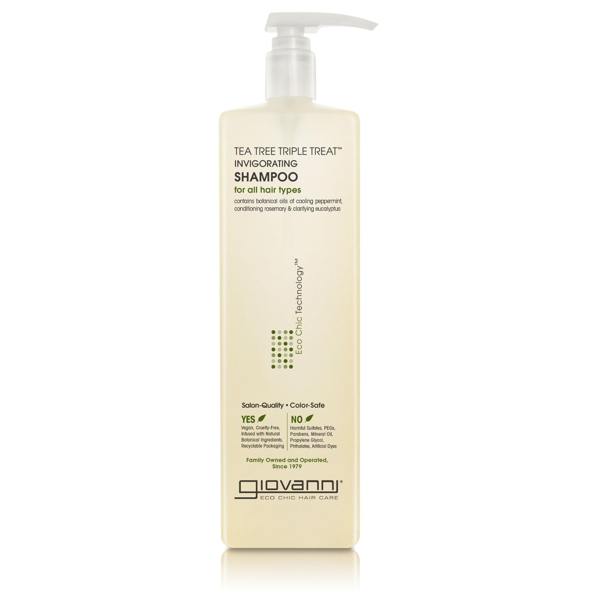GIOVANNI Tea Tree Triple Treat Invigorating Shampoo bottle front view for refreshing scalp cleansing