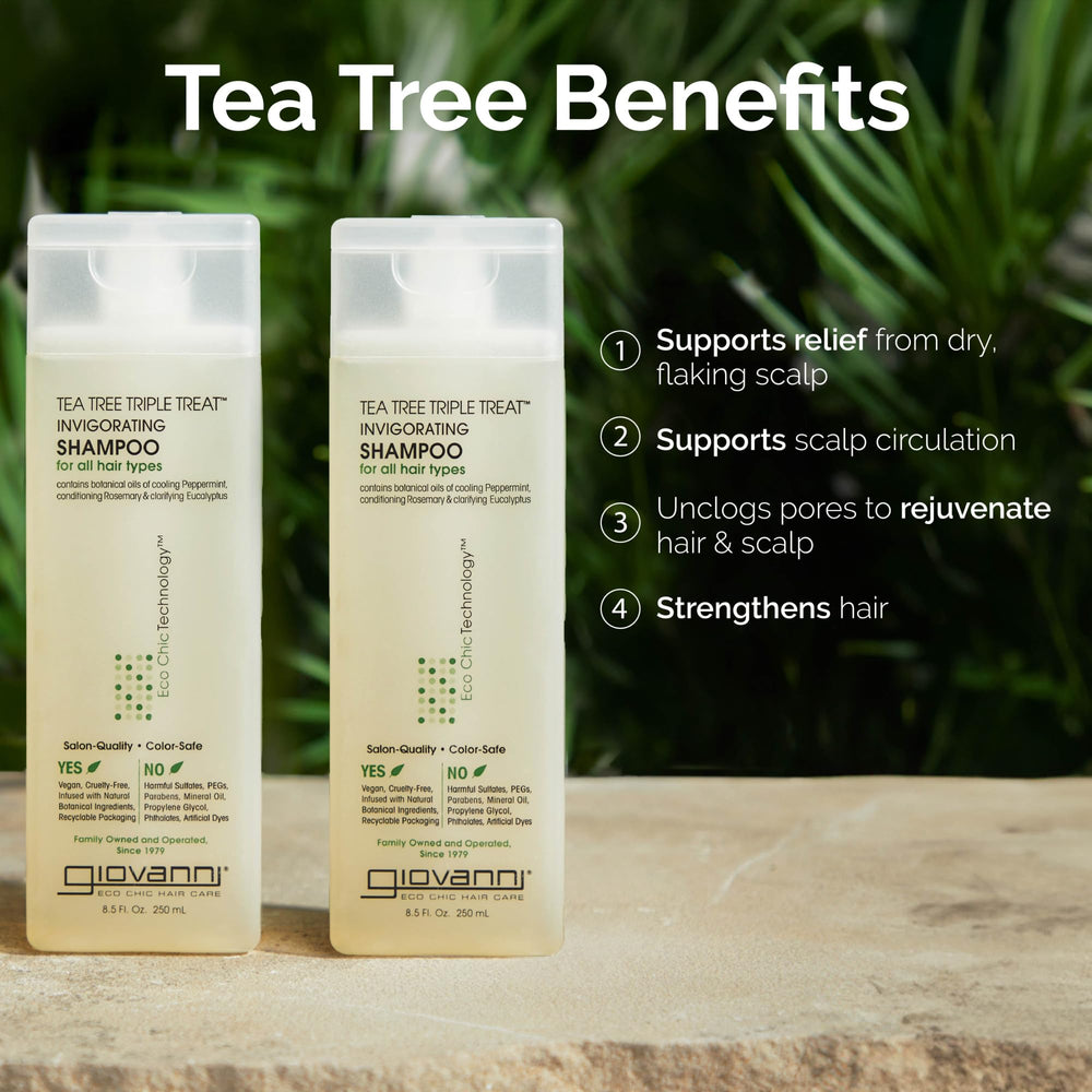 Giovanni Tea Tree Triple Treat shampoo demonstrates color-safe cleansing for vibrant hair.