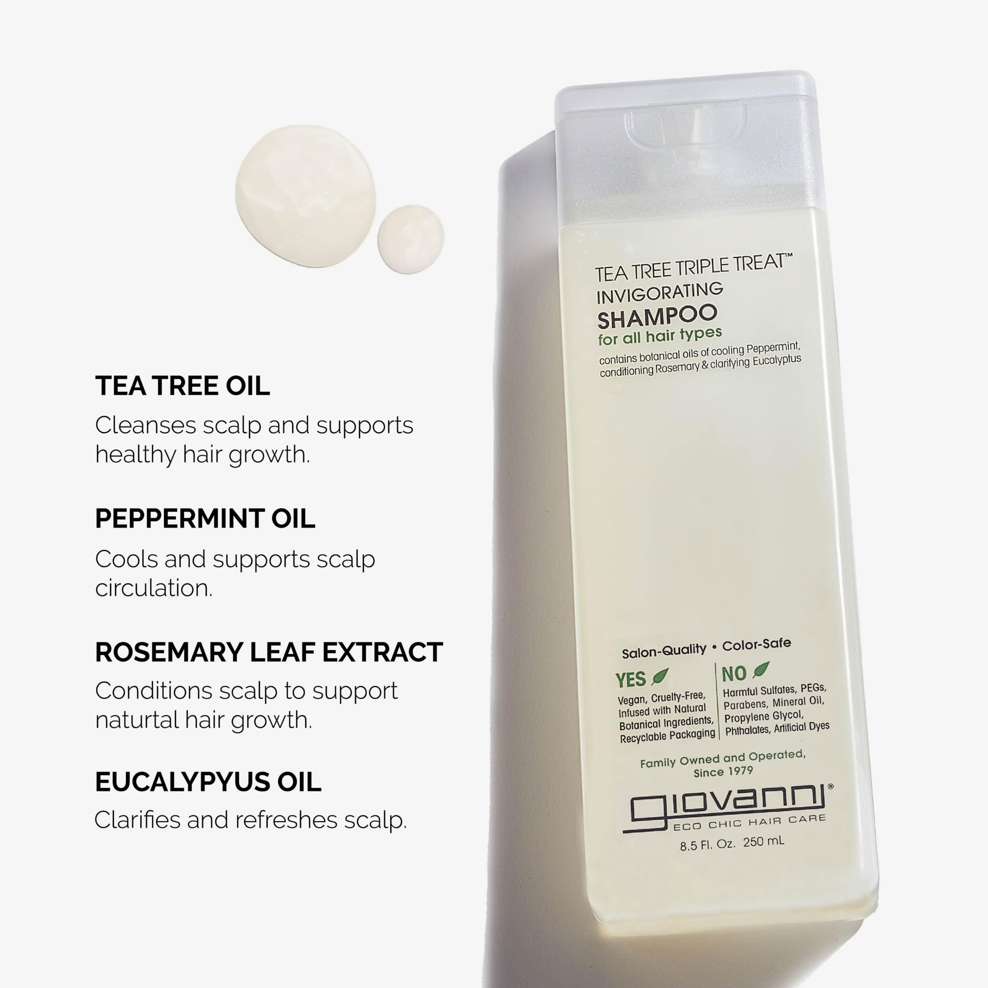 Giovanni Tea Tree Triple Treat shampoo cooling-massage shot emphasizes peppermint and eucalyptus relief.