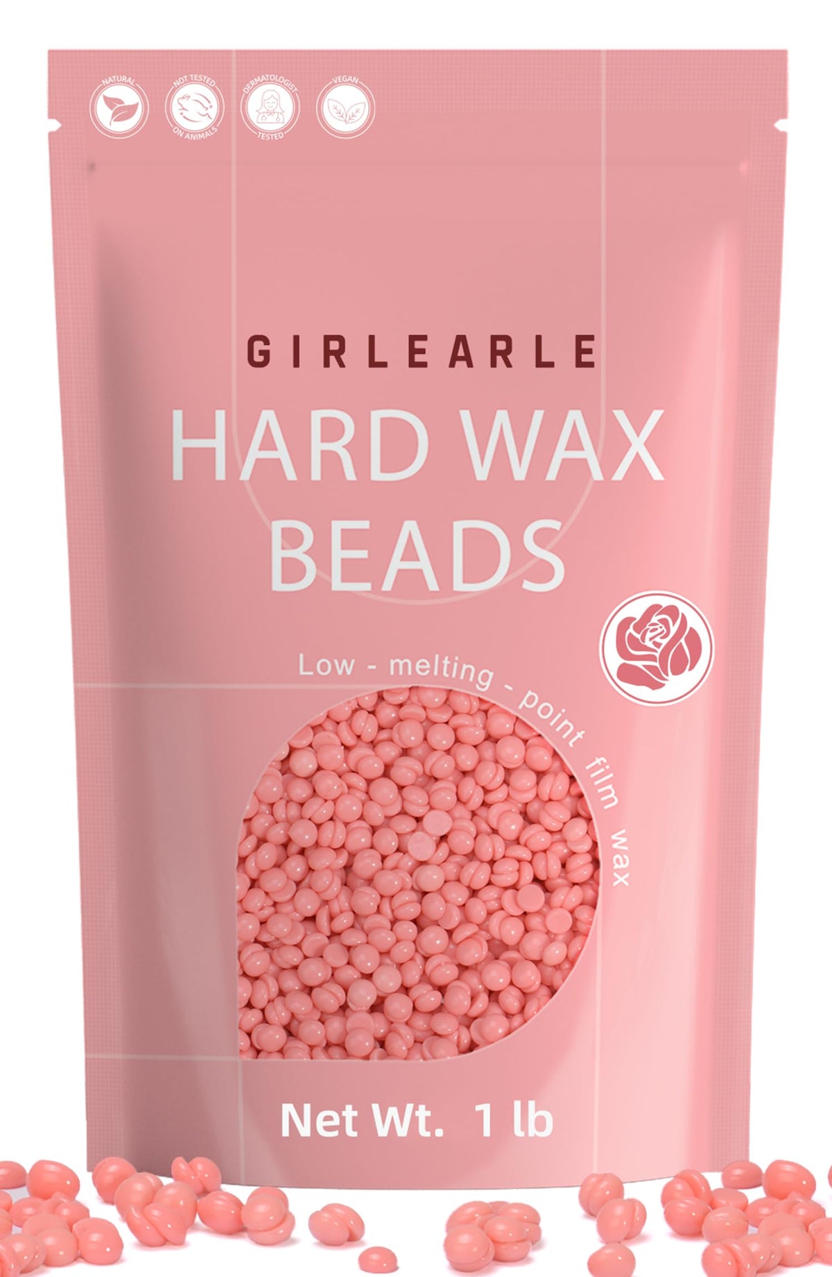 GIRLEARLE hard wax beads packaging highlights rose formula for gentle at-home waxing.