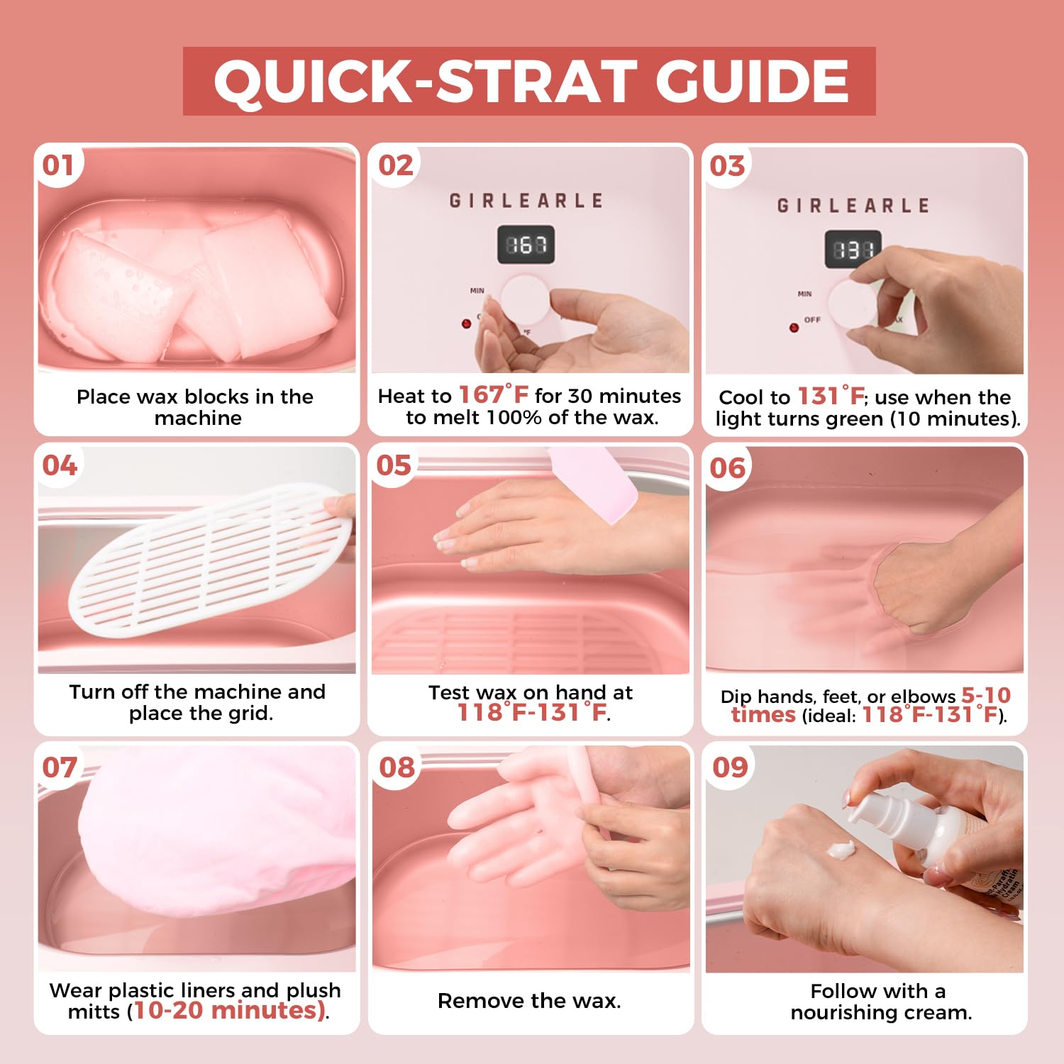 GIRLEARLE rapid-20-minute-heat-up highlights quick-ready paraffin sessions.