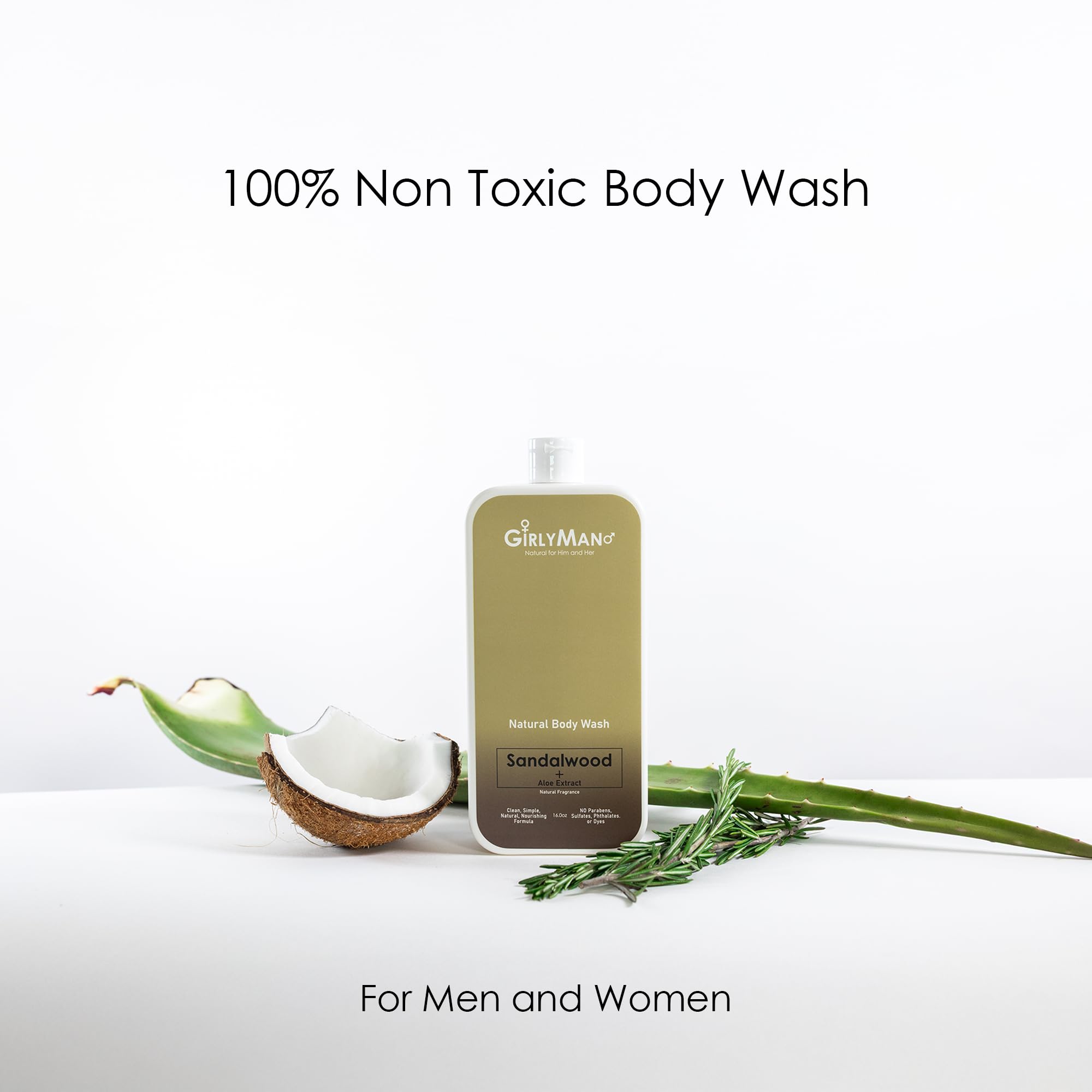 GirlyMan Natural Body Wash ingredient label highlights simple, natural components for skin-friendly care.