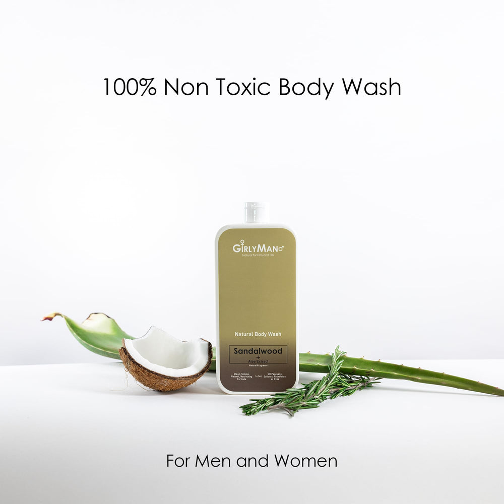 GirlyMan Natural Body Wash ingredient label highlights simple, natural components for skin-friendly care.