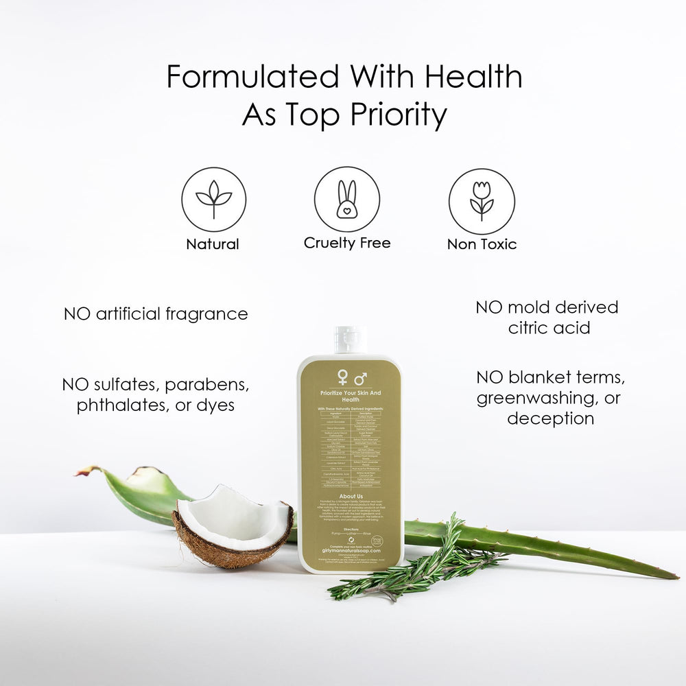 GirlyMan Natural Body Wash olive oil bottle emphasizes nourishing oils for hydrated skin.