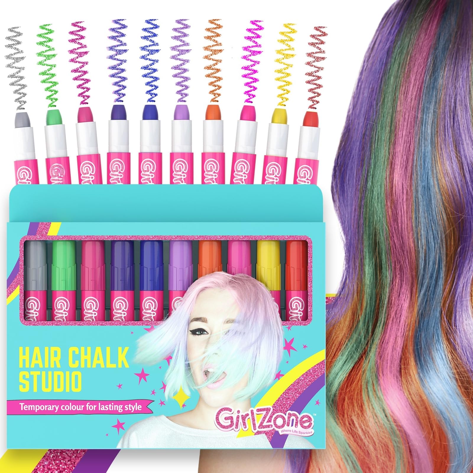 GirlZone Tizas para el pelo, conjunto de 10 colores, para peinados divertidos en fiestas.
