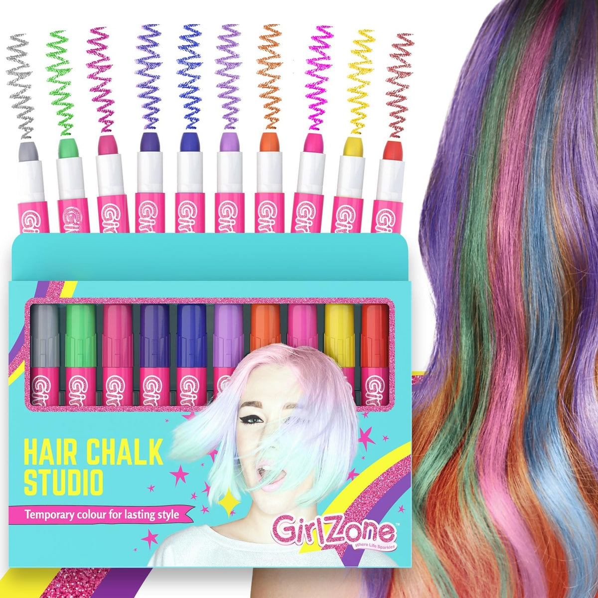 GirlZone Tizas para el pelo, conjunto de 10 colores, para peinados divertidos en fiestas.