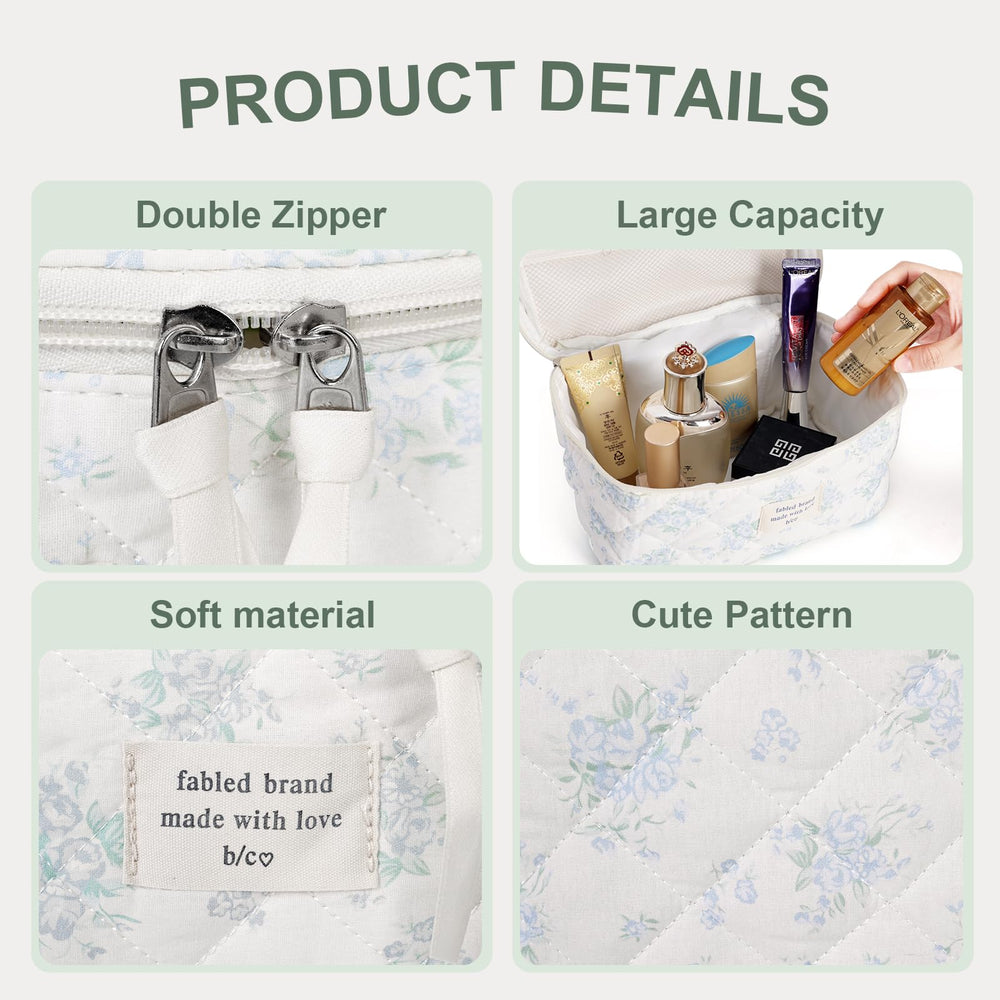 GISMTR cotton quilted makeup bag side view, soft floral textile.