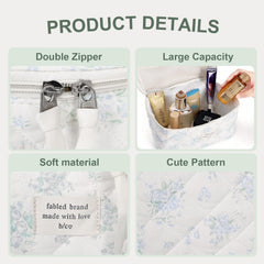 GISMTR cotton quilted makeup bag side view, soft floral textile.