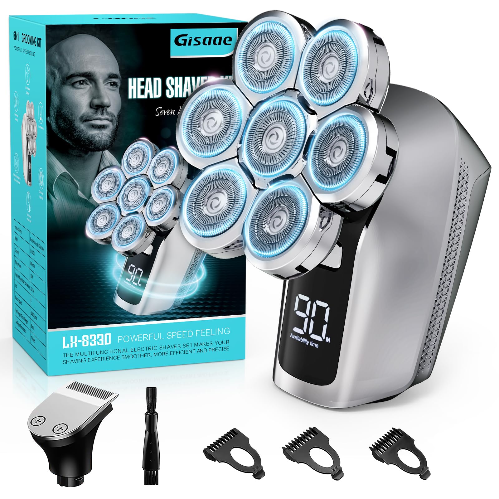 Gisaae head shaver with 7D heads contours for efficient neck and chin shaving.