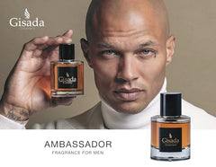 Gisada Ambassador Men label close-up: premium branding signals luxury fragrance
