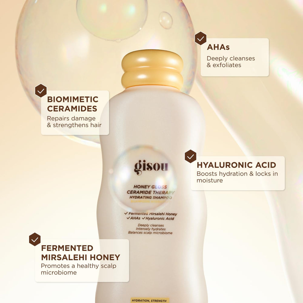 Gisou Honey Gloss Shampoo application showing rich cleansing lather