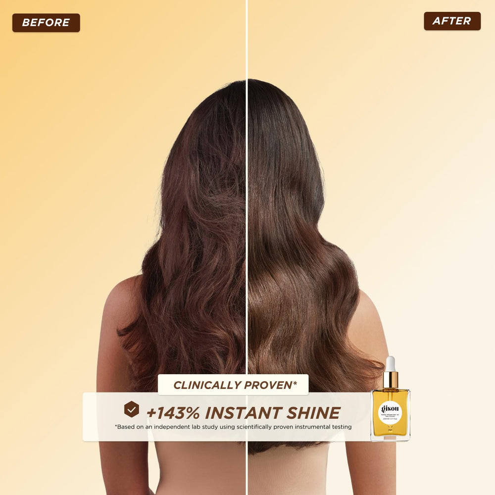Gisou Hair Oil bottle highlighting lightweight formula for frizz control and shine.