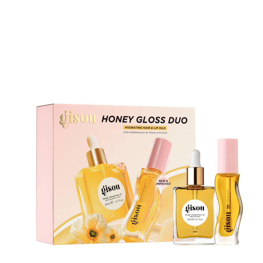 Gisou Honey Gloss Duo travel set packaging for convenient on-the-go beauty routines.