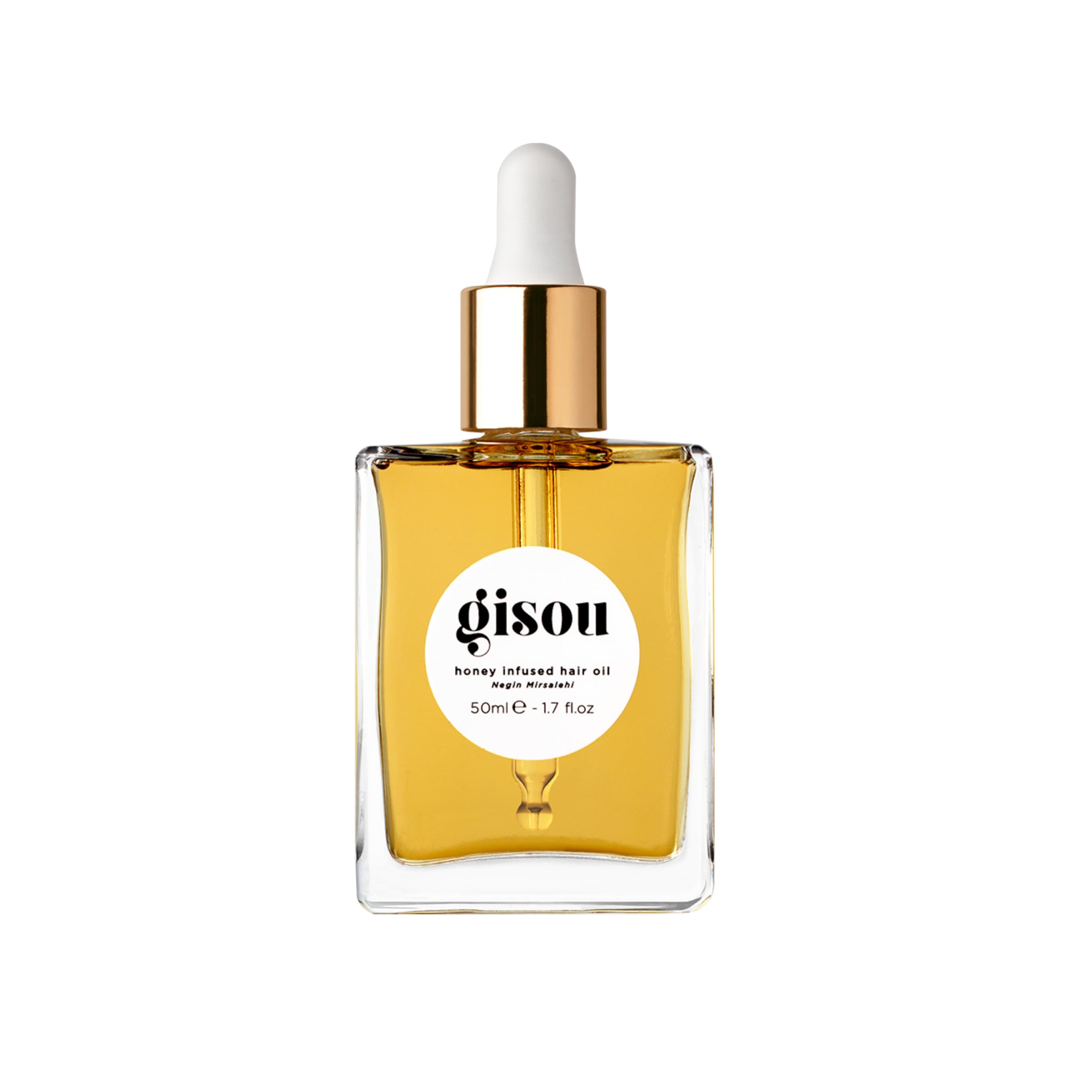 Gisou Honey Infused Hair Oil bottle close-up for instant shine and luxury hydration.
